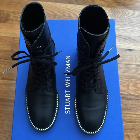 Stuart Weitzman Sondra Smooth Black Leather Combat Boots - Picture 7 of 8